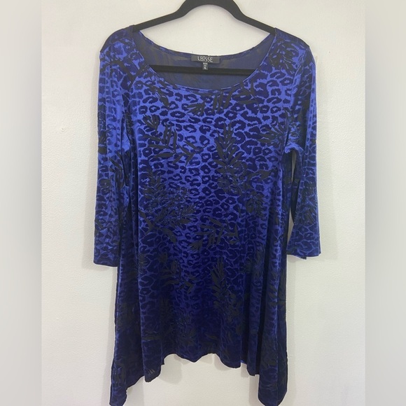 Lbisse Tunic Top Velvet Burnout Cheetah Print Sz XL Purple Black Asymmetric Hem - Picture 1 of 8